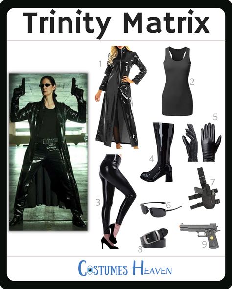 Matrix Look Woman, Matrix Party Ideas, Trinity Matrix Costume Diy, Matrix Womens Costume, Trinity Costume Halloween, Trinity Matrix Cosplay, Matrix Aesthetic Outfit, Matrix Halloween Costume Women, Trinity The Matrix Costume