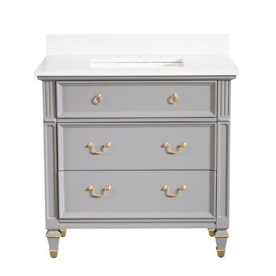 The classic single-bathroom vanity features clean lines and ample drawer space to store all your makeup, toiletries, and cleaning supplies. The fronts of the drawers feature delicately decorated handles that open to reveal space for towels, toothpaste, and hair ties. Plus, this bathroom vanity comes with a backsplash to help protect the walls. A classic, traditional style that goes well with a variety of bathroom styles. Base Finish: Titanium Gray | Rosdorf Park 35" H x 36" W Single Bathroom Van 36 Inch Bathroom Vanity, Bathroom Vanity Storage, Modern Luxury Bathroom, Traditional Bathroom Vanity, Wood Bath, Wood Bathroom Vanity, Single Sink Bathroom, White Quartz Countertop, Vanity Storage