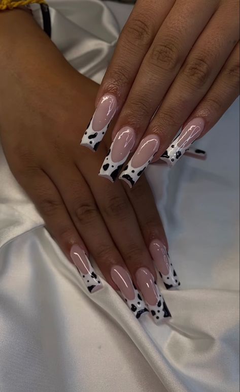 Cow Print French Nails, French Bling Nails, Cow Pattern Nails, Acrylic Nail Designs Classy, Western Nails, Cow Nails, Pink Ombre Nails, French Manicure Nails, White Acrylic Nails