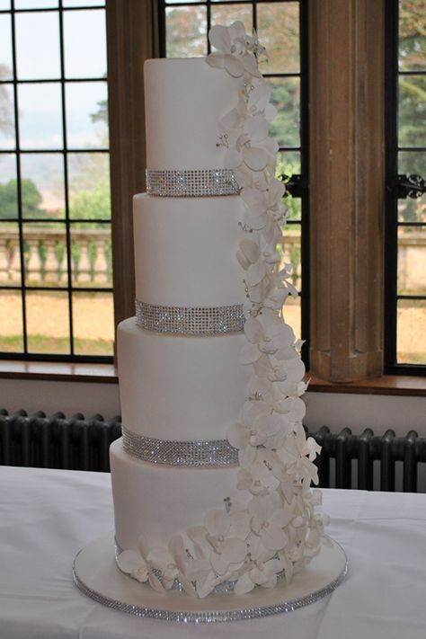 Very tall & sparkly diamante trimmed wedding cake with sugar orchids delivered to Coombe Lodge Sparkly Wedding Cakes, Silver Winter Wedding, Coombe Lodge, Fancy Wedding Cakes, Decorative Cakes, White Winter Wedding, Cascading Flowers, Turning 50, Sparkly Wedding