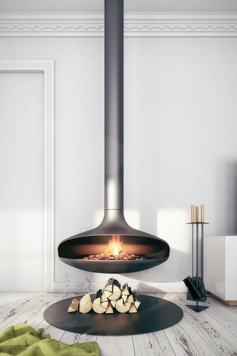 Fireplace Scandinavian Fireplace Ideas, Scandinavian Fireplace, Suspended Fireplace, Hanging Fireplace, Environmentally Friendly Living, Fire Places, Real Estat, Home Fireplace, Wood Burner