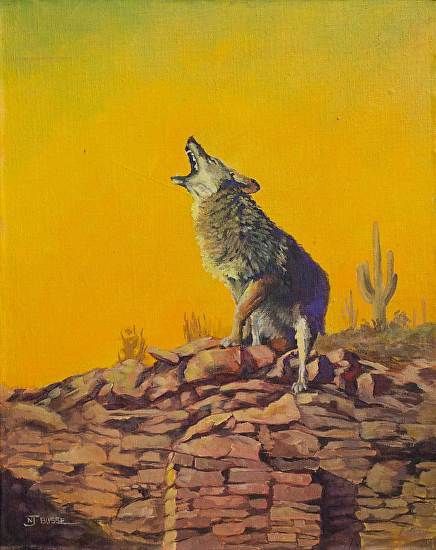 Coyote on a Kiva by Nancee Jean Busse Acrylic ~ 20 x 16 Coyote Tattoo, Coyote Animal, Fantasy People, Wildlife Painting, Wolf Artwork, Colorado Artists, Wolf Photos, Wildlife Paintings, American Southwest