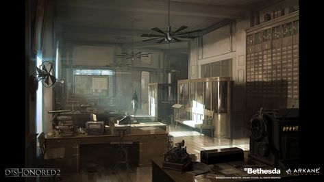 ArtStation - Dishonored 2 Concept Arts Part 2, Arkane Lyon Office Concept Art, Detective Office, Interior Concept Art, Cinematography Lighting, Dishonored 2, Detective Aesthetic, Environment Painting, Server Room, Bg Design