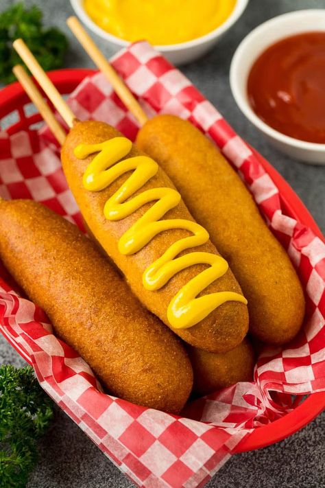 Homemade corn dogs are so easy to make and are even better than what you'd get at the fair! Corn Dog Recipe, Savory Cornbread, Homemade Corndogs, Corndog Recipe, Homemade Cornbread, Enjoy Your Meal, Corn Dog, Hot Dog Recipes, Corn Dogs