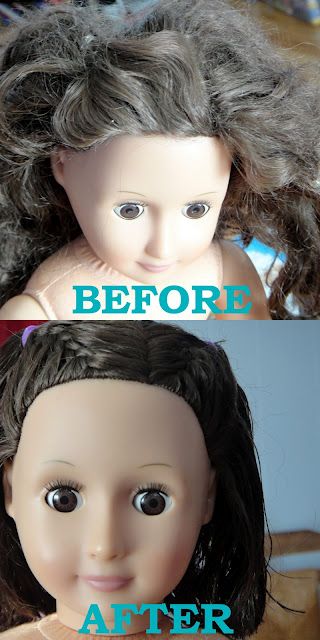 Get rid of CRAZY doll hair. Ok, so I tried a pin from http://cookieandclaire.blogspot.com/2011/11/rapunzel-rapunzel-let-down-yourgirl.html claiming to get rid of crazy doll hair. Approved. My Life Doll Hairstyles, How To Fix Doll Hair Tangled, Washing Doll Hair, Styling Doll Hair, How To Style Doll Hair, How To Untangle Doll Hair, Untangle Doll Hair, American Girl Doll Hair Care, Doll Hair Detangler