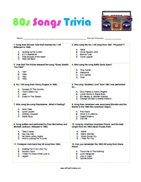 Free Printable 80s Songs Trivia. Free Printable 80s Songs Trivia Quiz that you can share with your friends at a birthday or 80s themed party to have fun and remember the top songs from the 80s. Try to answer this trivia about the 80s Top Songs where you can find you favorite new wave bands, rock bands, top billboard hits, 80s Trivia Printable, 80s Trivia Questions, 80s Party Printables, 80s Trivia With Answers, Music Quiz Questions And Answers, 1983 Trivia, Family Jeopardy, 80s Theme Wedding, Printable Trivia Questions And Answers