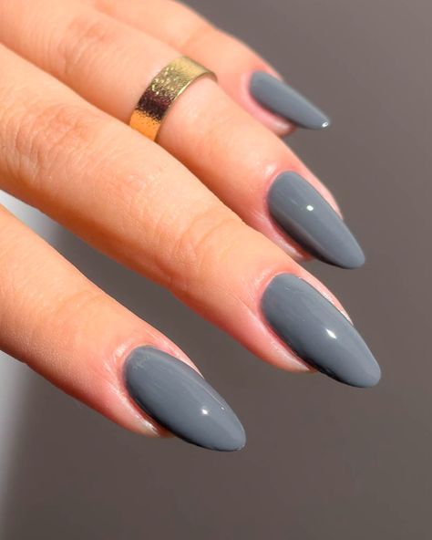 Blue Grey Almond Nails, Greyish Blue Nails Designs, Blue Grey Nails Acrylic, Dark Grey Almond Nails, Greyish Purple Nails, Blue Gray Nail Color, Light Blue Grey Nails, Nails Gel Design Ideas, Fall Nails Ideas Autumn Almond Shape