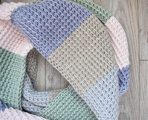 Caron Pantone Patterns Crochet, Tunisian Crochet Patterns, Tunisian Crochet Stitches, Half Double Crochet Stitch, Crochet Scarf Pattern Free, Crochet Cozy, Boho Vest, Color Block Scarf, Cocoon Cardigan