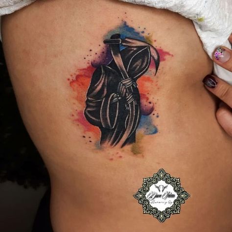 Santa Muerte Tattoo, Trash Polka Tattoo Designs, Best Tattoo Ever, Grim Reaper Tattoo, Reaper Tattoo, Omerta Tattoo, Stylish Tattoo, Cross Tattoo Designs, Leg Tattoos Women