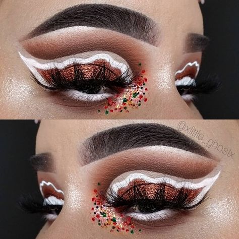 👻 J A I L E N E 👻 on Instagram: “🎀 GINGERBREAD 🎀 This look was inspired by delicious gingerbread cookies 🤤I didnt know what to do in the beginning but I really love the…” Gingerbread Eye Makeup, Horror Christmas Makeup, Hot Chocolate Makeup, Gingerbread Makeup Look, Gingerbread Man Makeup, Gingerbread Makeup, Chocolate Makeup, Halloween Gingerbread, Christmas Eyeshadow