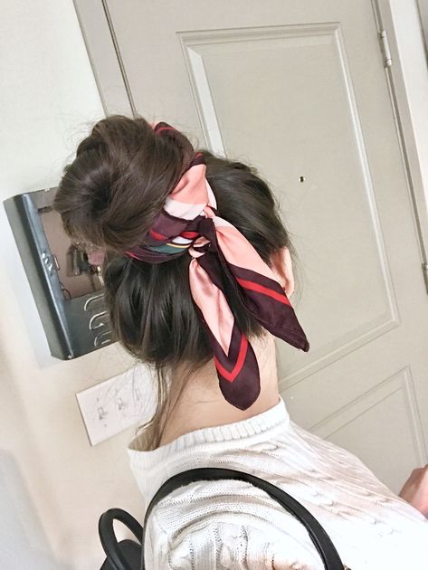 A cute way to style a messy bun 😊💩 #messybun #ribbon #quickhairstyle #heatlesshairstyle #brown #hair #style #longhair #naturalhair #onthego #easy #school #work Scarf Bun, A Messy Bun, Heatless Hairstyles, Quick Hairstyles, Messy Bun, School Work, Brown Hair, Natural Hair Styles, Ribbon