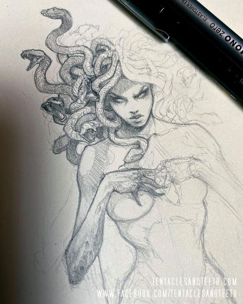 Medusa Pencil Sketch, Medusa Artwork Greek Mythology, Medusa Full Body Drawing, Madussa Drawing, Greek Art Sketch, Greek Sketches Mythology, Madusa Drawings Beautiful, Medusa Before Curse, Medusa Sketch Drawing