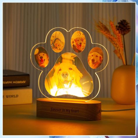 Looking for the perfect gift for your furry friend? Check out these 9 unique dog gifts ideas for every pup parent. From personalized collars to interactive toys, these gifts are sure to make your dog's tail wag with joy. Find the best dog gifts that your pup will love! Pet Memorial Frames, Memorial Table, Dog Lamp, Name Pictures, Paw Design, Kids Night, Night Light Kids, Personalized Gifts For Kids, Acrylic Table