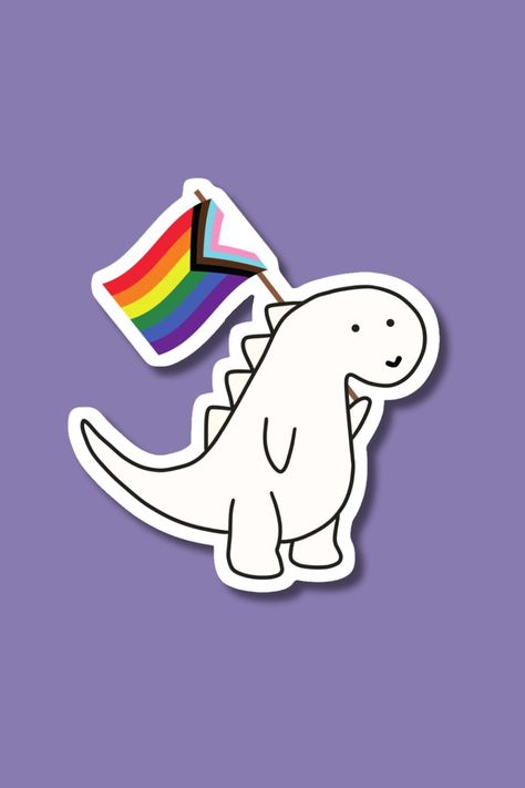 Sticker featuring cute cartoon dinosaur holding the Progress Pride Flag Pride Stickers Aesthetic, Lgbtq Dinosaur, Mermaid Wallpaper Backgrounds, Lgbt Aesthetic, Lgbt Tattoo, Pride Flag Sticker, Mermaid Wallpaper, Progress Pride Flag, Lgbt Sticker