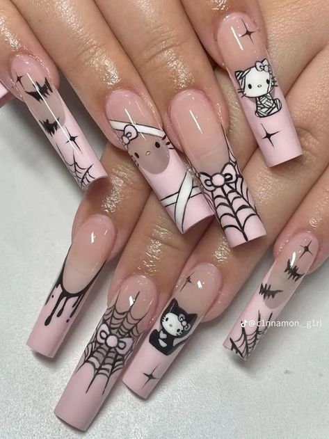 Hello Kitty Halloween Nails, Trash Nails, Monster High Nails, Paznokcie Hello Kitty, Horror Nails, Holloween Nails, Halloween Acrylic Nails, Punk Nails, Hard Nails