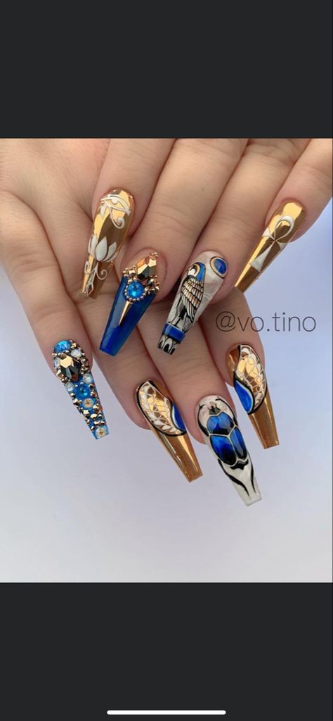 Black And Gold Egyptian Nails, Egyptian Acrylic Nails, Royal Blue Nails And Gold, Egyptian Nail Art Design, Royal Blue And Gold Nail Designs, Hieroglyphics Nails, Egyptian Inspired Nails, Royalty Nail Designs, Egypt Nail Art