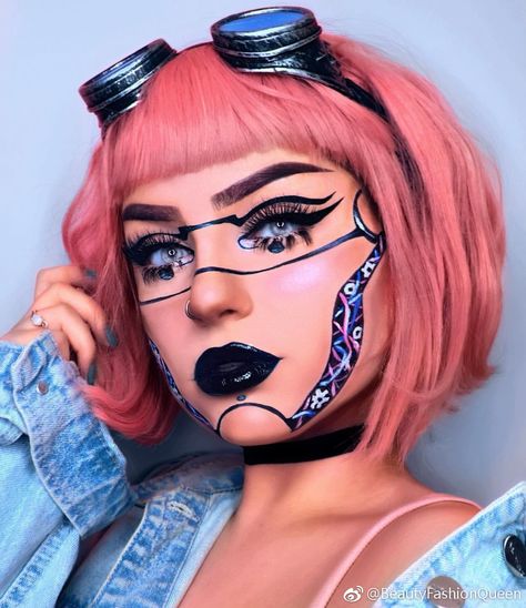 26 Cool But Obscure Halloween Makeup Ideas 8 Robot Makeup, Fantasy Make-up, Halloweenský Makeup, Halloween Make-up Looks, 90s Grunge Hair, Drag Make-up, Face Art Makeup, Trash Polka, Alternative Makeup