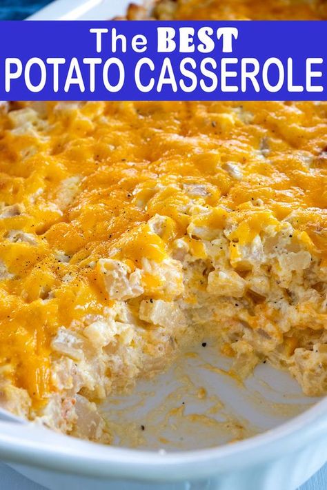 The BEST cheesy potatoes! This potato casserole is so easy to make with cream of chicken soup, sour cream, shredded cheese and hash browns! Perfect for breakfast OR a dinner side dish! #easysidedish #cheesypotatoes Cheesy Potatoes Cream Of Chicken, Cheesey Potatoes Shredded, Hashbrown Cheese Potatoes, Taste Of Home Cheesy Potatoes, Hashbrown Potato Casserole Recipes, Country Potato Casserole, Cheesy Hashbrown Casserole With Cream Cheese, Cheese Potatoes Hashbrowns, Hashbrown Casserole With Potato Chips