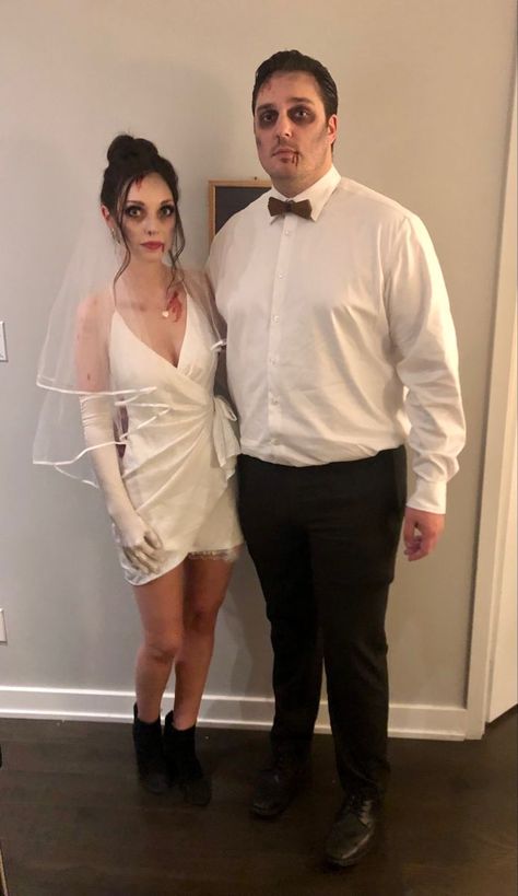 Zombie Dead Bride and Groom CostumeHalloween costume ideas Bridezilla Costume Halloween, Bride Groom Halloween Costume, Zombie Couples Costumes, Dead Bride Makeup Halloween, Bride And Groom Costume Halloween, Bridezilla Costume, Dead Bride And Groom Costume, Scary Bride Costume, Dead Bride And Groom Halloween