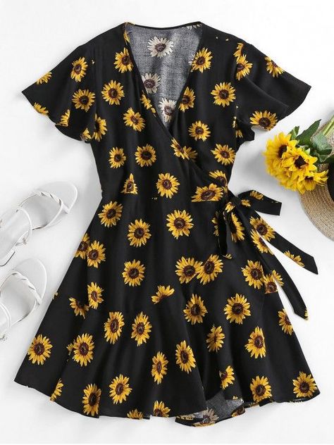 Sunflower Items, Sunflower Outfit, Wrap Dress Black, Sunflower Dress, Sunflower Pattern, Mini Dress Casual, Age 12, Black Wrap Dress, Clothing Styles