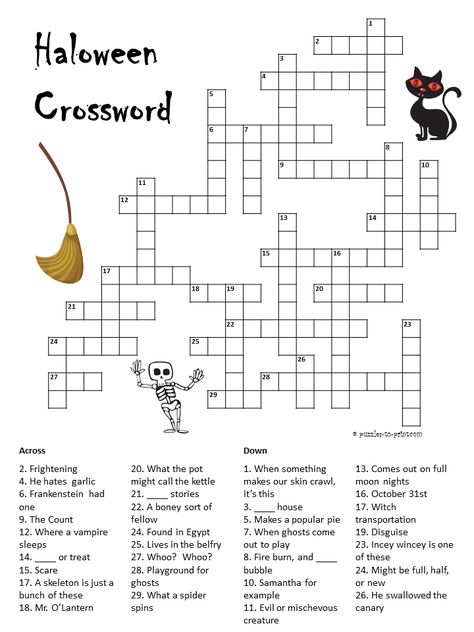 Halloween Crossword http://www.puzzles-to-print.com/halloween-puzzles/halloween-crossword.shtml A spooky little puzzle to get everyone in the mood for Halloween day.  Great for the classroom or use it as a party game. Halloween Crossword, Halloween Crossword Puzzles, Printable Crossword Puzzles, Halloween Puzzles, Halloween Worksheets, Halloween Party Decorations, Halloween Classroom, Halloween Games For Kids, Halloween Fonts