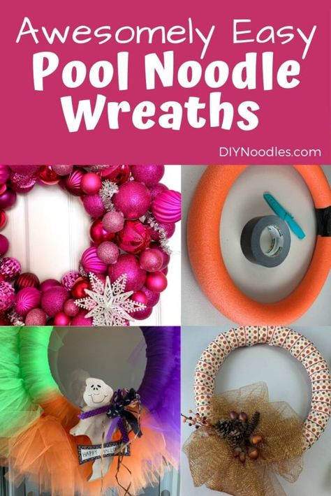 Wreaths Made From Pool Noodles, Pool Noodle Holiday Crafts, How To Make A Pool Noodle Wreath, Crafts With Pool Noodles Diy, Pool Noodle Halloween Wreath, Pool Noodle Wreaths Christmas, Pool Noodle Ornament Wreath, Diy Pool Noodle Crafts Christmas, Pool Noodle Holiday Decor