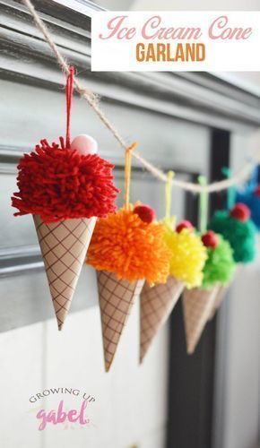 Make yarn pom poms and paper cones in to a bright and colorful DIY ice cream cone garland. These are great for an ice cream birthday party or just a fun summer decoration. Cousin Activities, Pompom Garland, Kawaii Birthday, Diy Pom Poms, Summer Diy Projects, Colorful Ice Cream, Ice Cream Birthday Party, Diy Ice Cream, Yarn Pom Pom