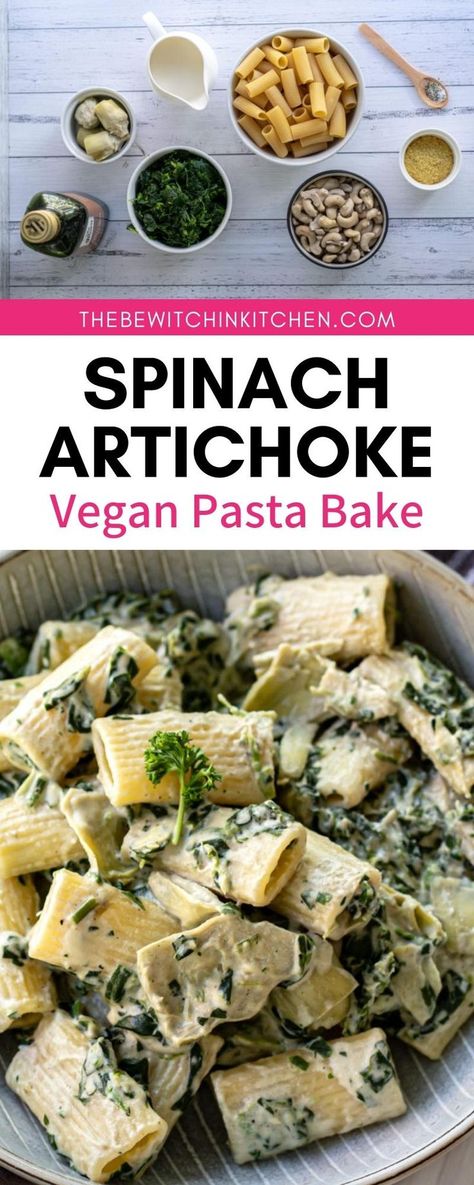 Spinach Artichoke Pasta Bake is creamy and bursting with cashew and veggie flavor. This Spinach Artichoke Pasta Bake with Cashew Cream Sauce recipe is negan, non-dairy, and great for gut health! The creamy-cashew flavored sauce tops a bed of spinach, artichoke hearts, and pasta. It’s then baked so that all of the flavors simmer together in perfect non-dairy harmony. Spinach Artichoke Pasta Bake, Artichoke Pasta Bake, Gluten Free Vegan Pasta, Vegan Pasta Bake, Artichoke Sauce, Spinach Artichoke Pasta, Holiday Dinner Recipes, Cashew Cream Sauce, Vegan Alfredo Sauce