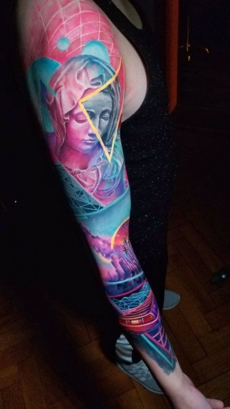 Progress on Synthwave inspired sleeve by Adrian Ciercoles @ Mori Occultum in Munich Germany : tattoos #germany #germany #tattoo Synthwave Tattoo, Vaporwave Tattoo, Tatto Boys, Cyberpunk Tattoo, Neon Tattoo, Synthwave Art, Pop Art Tattoos, Bright Tattoos, Retro Tattoos