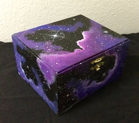 Wooden Box Crafts, Purple Nebula, Box Painting, Hand Painted Wooden Box, Jewelry Box Makeover, Painted Box, Painted Wooden Boxes, Painted Jewelry Boxes, Pink Galaxy