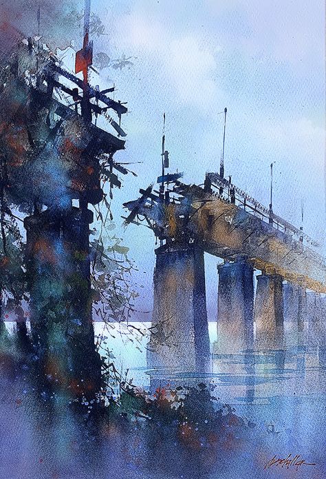 Schaller Watercolor, Thomas W Schaller, Broken Bridge, Bridge Drawing, Thomas Schaller, Bridge Artwork, Collage Project, Modern Watercolor Art, St Louis Art