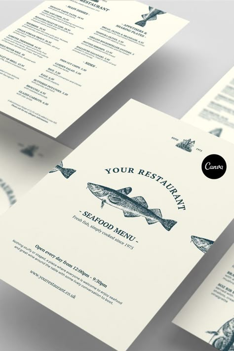 This Double Sided Menu Design template is expertly crafted for your seafood or fish & chip restaurant. Save time and elevate your brand’s look! Whether you're revamping your entire menu or creating a special menu for an event, this template will help you make a stand-out menu. A4 Menu Design, Fish Restaurant Menu Design, Fish Menu Design, Seafood Menu Design, Seafood Branding, Restaurant Poster Design, Fish And Chips Menu, Bread Roast, Seafood Menu