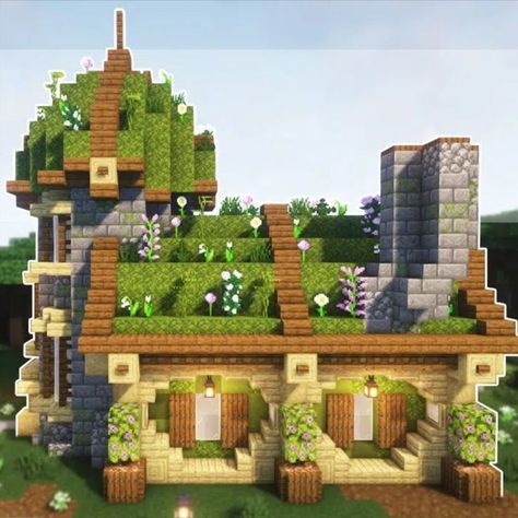 Minecraft House Ideas Tutorial, Overgrown Minecraft, Cottage Minecraft House, Mossy Cottage, Minecraft Roof, Minecraft Small House, Cottage Minecraft, Minecraft House Ideas, Case Minecraft