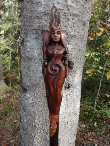 Hand Carved wood Hecate Staff by Paul Borda, Dryad Design Pagan Goddess, Pagan Crafts, Hedge Witch, Pagan Art, Walking Sticks, Hand Carved Wood, Back To Nature, Gods And Goddesses, Book Of Shadows