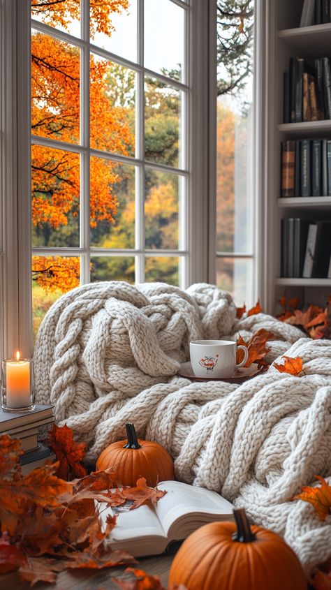 🍁✨ Embrace the cozy vibes of fall! Picture yourself wrapped in a giant white knit blanket, surrounded by charming autumn decorations like pumpkins and golden leaves. 📚☕️ A delightful cup of hot cocoa and a flickering candle invite you to unwind by the window, where the beauty of nature unfolds in vibrant colors. 🌿🍂 Let the warm tones and soft lighting create the perfect atmosphere for a peacefu... White Knit Blanket, Cozy Window Seat, Cozy Fall Bedroom, Rainy Day Aesthetic, Cozy Fall Decor, Fall Bedroom, Autumn Scenes, Knit Blanket, Fall Halloween Decor