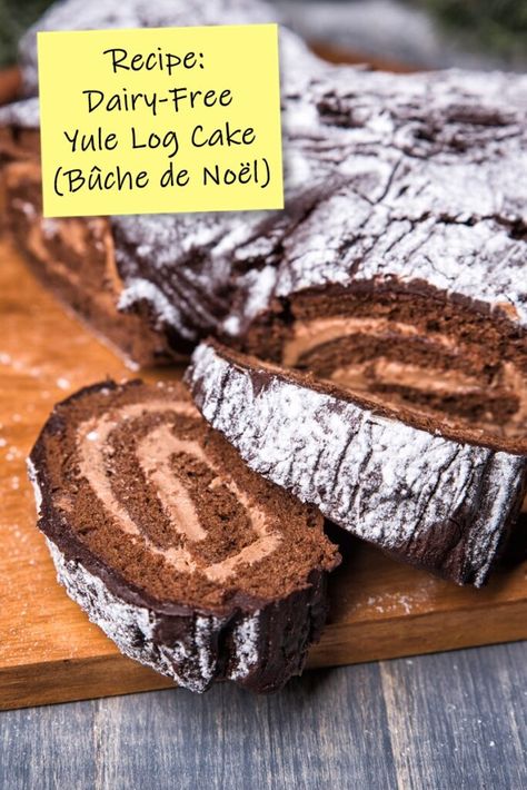 Dairy Free Yule Log, Gluten Free Yule Log Cake, Vegan Yule Log, Chocolate Log Recipe, Log Cake Recipe, Gluten Free Yule Log, Yule Log Cake Recipe, Dairy Free Buttercream, Yule Log Recipe