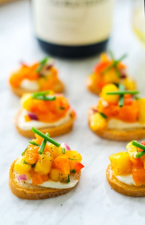 Goat Cheese Crostini with Orange Peach Salsa Orange Themed Food Ideas, Orange Colored Snacks For Party, Color Party Orange Food, Orange Theme Food Board, Orange Food Ideas Party, Orange Themed Dinner Party, Orange Theme Party Food, Orange Color Appetizers, Orange Party Food Snacks Ideas