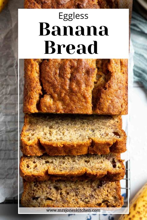 This easy eggless banana bread recipe is soft and moist. Made with oil it can easily be made vegan too, and freezes really well! Gluten Free Egg Free Banana Bread, Banana No Egg Recipes, Easy Eggless Muffin Recipes, Banana Bread Recipe With No Eggs, Egg Less Banana Bread, Pumpkin Banana Bread No Eggs, Eggless Banana Bread Muffins, Banana Bread Recipe Egg Free, Easy Banana Bread No Egg