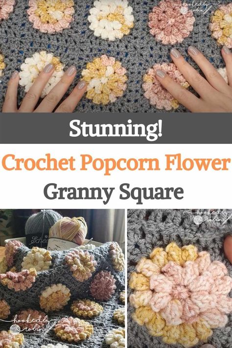 Popcorn Stitch Crochet, Crochet Popcorn, Crochet Flower Granny Square Pattern, Granny Square Pattern Free, Crochet Flower Squares, Afghan Squares, Crochet Yarns, Crochet Throw Pattern, Flower Granny Square