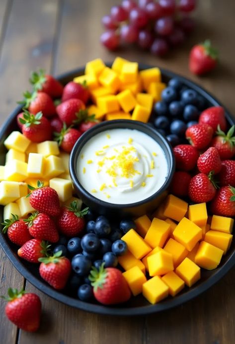 A round platter filled with vibrant fruit sections like strawberries, mango, pineapple, and blueberries surrounding a creamy yogurt bowl, illuminated by soft lighting. Xmas Brunch, Cheese Fruit Platters, Fruit Platters, Creamy Yogurt, Yogurt Dip, Fruit Bowls, Summer Snacks, Smoothie Bowls, Fresh Summer