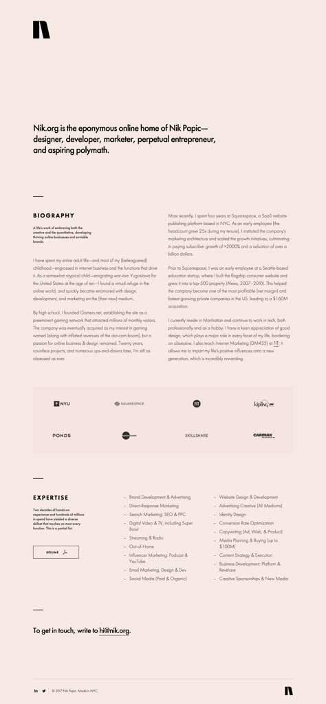 Lovely minimal One Pager with resume-style for NY based digital marketer, Nik Papic. Cv Website, Minimalist Web Design, One Pager, Text Layout, Web Inspiration, Minimal Web Design, Editorial Layout, Website Layout, Web Layout