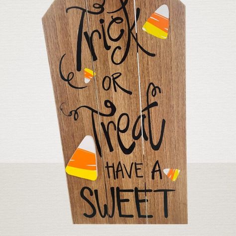 Ganz New Wood Plank “Trick Or Treat Have A Sweet” Halloween Large Sign 16x12x1" Ganz - New Halloween Holiday Themed Fall Art Wall Hanging Wooden Planks Picket Fence Hanging Wall Sign Halloween Script In Black Font, 3d Candy Corn All Wood Construction, Rope Hanging Cord “Trick Or Treat, Have A Sweet” Writing Approximate Measurements: 16” Length 12” Width 1” Depth Ship Same/Next Day, New Items Added Frequently! Items Packaged With Care! Halloween Wood Signs, Homemade Signs, Painted Wood Walls, Painted Wooden Signs, Halloween Wood Crafts, Large Sign, Plate Decor, Fall Art, Wood Bird