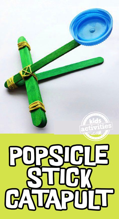 Text: Popsicle stick catapult - Kids activities Blog - finished catapult craft made with green popsicle sticks and a recycled water bottle cap on white background Popsicle Catapult, Catapults For Kids, Catapult Craft, Catapult For Kids, Diy Catapult, Popsicle Stick Catapult, Kids Stem Activities, Kids Things To Do, Theme Activities