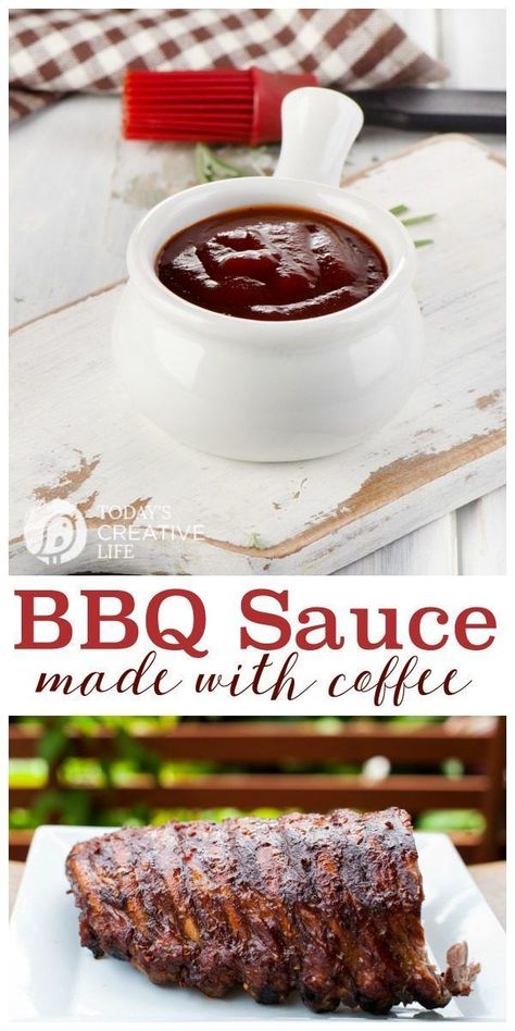 BBQ Sauce Recipe with Coffee | This tangy Barbecue Sauce has a kick. Great for burgers, steak, ribs or chicken! Find the recipe on TodaysCreativeLife.com Coffee Sauce Recipe, Baked Ribs Recipe, Vegetarian Grilling, Homemade Bbq Sauce Recipe, Bbq Sauces, Baked Ribs, Vegan Grilling, Healthy Grilling Recipes, Propane Gas Grill