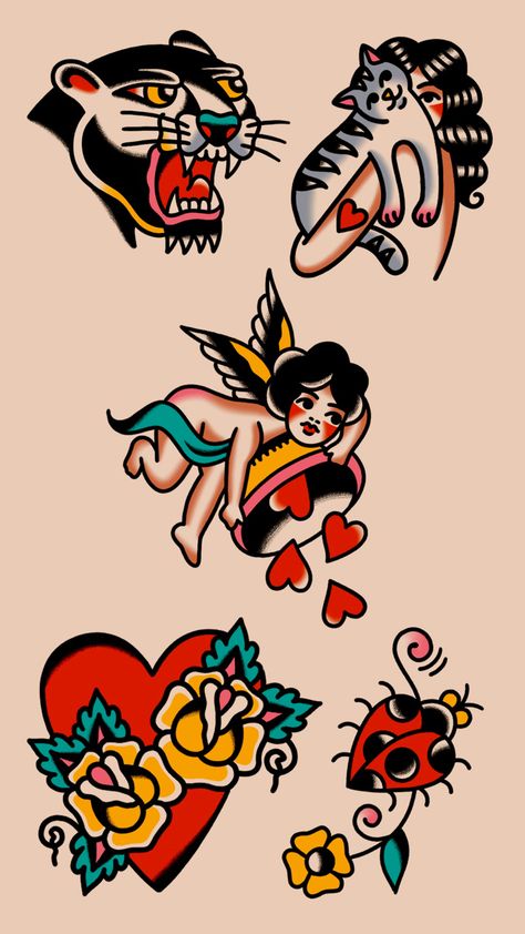 Smaller Traditional Tattoos, Valentines American Traditional, Drawing Traditional Tattoo, Traditional Tattoo Drawings Sketches, American Traditional Art Tattoo, Smaller American Traditional Tattoos, Vintage Americana Tattoo, Tradional Tattoo Designs, Cat Tattoos Traditional