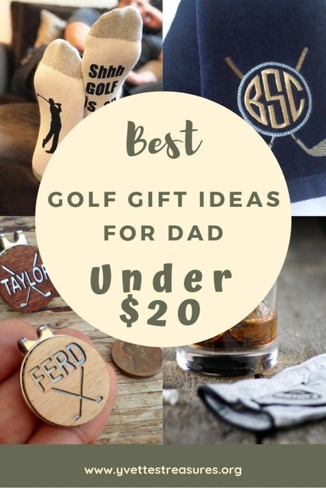 Golf Gift For Dads. The BEST golf gifts under $20 just for dad. Great for #fathersday #birthdays #christmas #giftguides #giftsforhim #golf #sport Top Golf Gift Basket, Gifts For The Golf Lover, Golf Coach Gifts, Golf Gift Basket Ideas For Men, Gift For Golfers Men, Best Golf Gifts For Him, Golf Gift Ideas For Men, Golf Basket Ideas For Men, Golf Valentines Gift