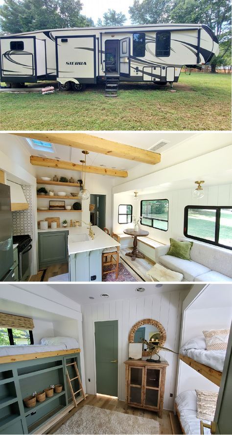 This renovated Forest River Sierra Fifth Wheel from @crystalkondor has an airy and serene interior (and it's FOR SALE!) #rvrenovation #homeonwheels #rvremodel #forestriver #renovatedfifthwheel #fifthwheelforsale #rvliving #rvinspiration #glamping #rvinteriorideas #rvrenovators #wanderfulrvrenovation #wanderfulrvinteriors via @wanderfulrvinteriors Sierra Camper Remodel, Forest River Sierra Fifth Wheel Remodel, Camper Home Ideas Outside, Family Of 5 Camper Living, Renovated Fifth Wheel Camper, Fifth Wheel Remodel Ideas, 5th Wheel Remodel Ideas, Fifth Wheel Renovation, Fifth Wheel Decor