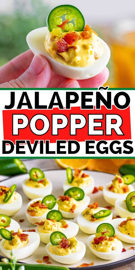 You'll love these jalapeno popper deviled eggs with bacon, cream cheese, and jalapenos. This twist on a classic is the ultimate party appetizer, packed with loads of flavor! #deviledeggs #jalapenopoppers #gamedayeats #appetizerrecipes #jalapenorecipes Jalapeno Popper Deviled Eggs, Eggs Appetizers, Deviled Eggs With Bacon, Jalapeno Deviled Eggs, Sriracha Deviled Eggs, Jalapeno Bacon, Spicy Deviled Eggs, Eggs With Bacon, Deviled Eggs Recipe Easy