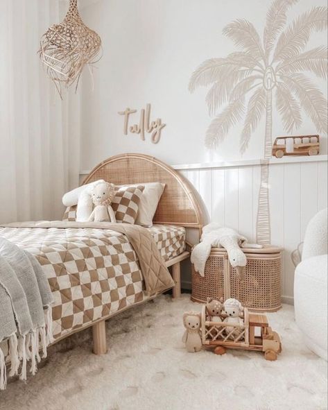 20 Coastal Kids Bedroom Decor Ideas » Lady Decluttered Palm Tree Decals, Coastal Kids Bedroom, Boho Kids Bedroom, Neutral Kids Bedroom, Rattan Lamp Shade, Surf Room, Toddler Boy Room Decor, Boys Bedroom Makeover, Toddler Girl Room