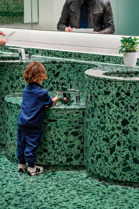 This Stylish Gender-Neutral Restroom Paves the Way Forward Gender Neutral Bathroom, Pitsou Kedem, Kids Toilet, Diaper Changing Station, Nature Motifs, Public Bathrooms, Green Ocean, Wall Cross, Parent Child Relationship